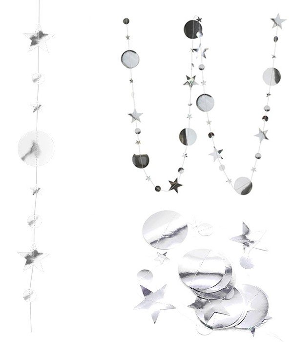 Паперова гірлянда "Срібні зірки і кола" 4 метри (40-12), Сріблястий