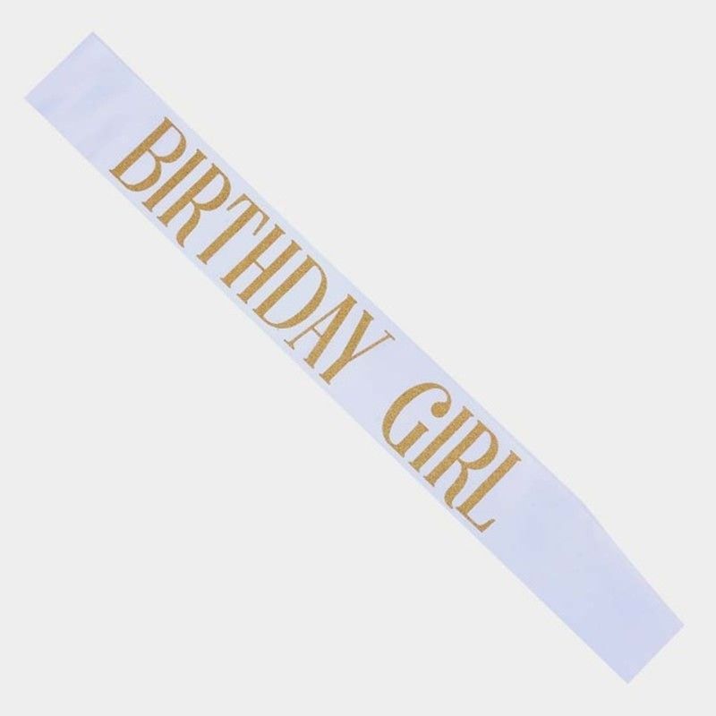 Стрічка через плече на день народження "Birthday girl" white & gold (40-238), Белый с золотистым