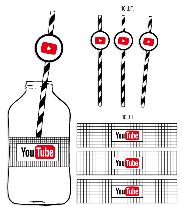 Набір наклейок на пляшечки та трубочок "Youtube Party"(Y53), Красный + белый