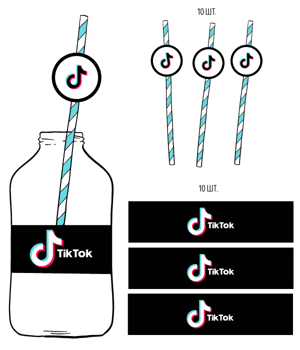 Набір наклейок на пляшечки та трубочок "TIK TOK", Різнокольоровий