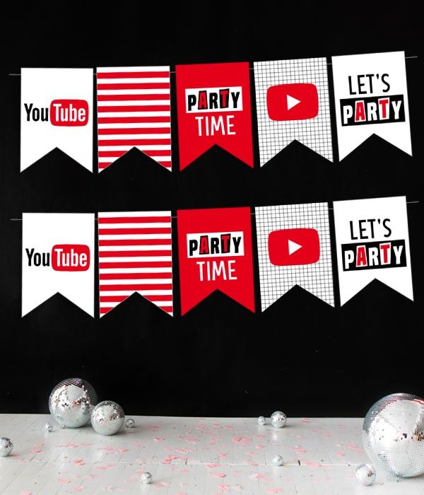 Паперова гірлянда з прапорців "YouTube Party" 12 прапорців (Y51), Красный + белый + черный