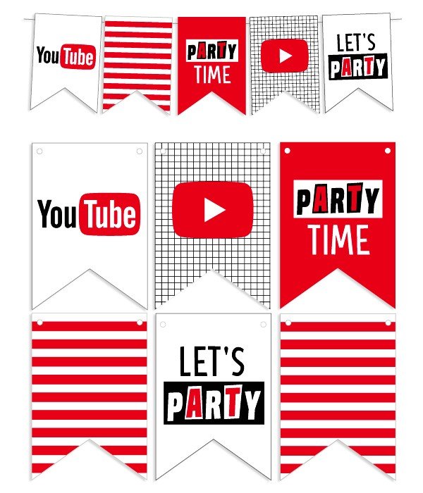 Паперова гірлянда з прапорців "YouTube Party" 12 прапорців (Y51), Красный + белый + черный