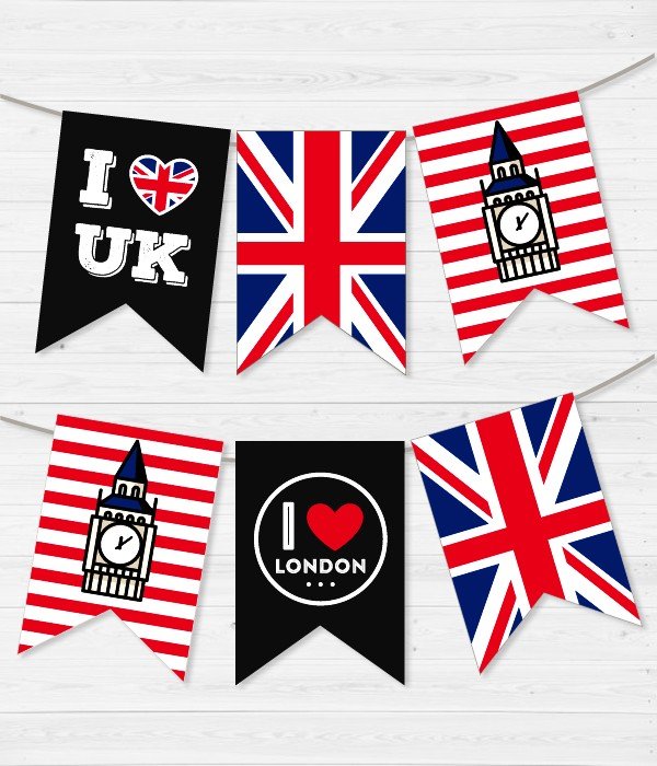 Гірлянда з прапорців "Лондон" 12 прапорців (L-207), Черный + белый + красный + синий