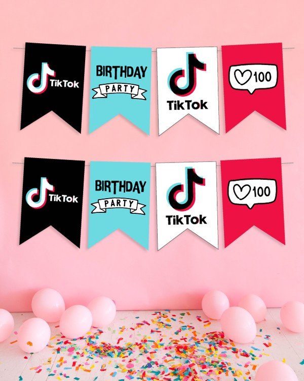 Паперова гірлянда з прапорців "Тik Tok Birthday Party" 12 прапорців (T100)