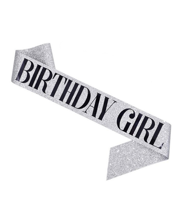 Стрічка через плече на день народження "Birthday Girl" срібна з гліттером (50-210), Сріблястий