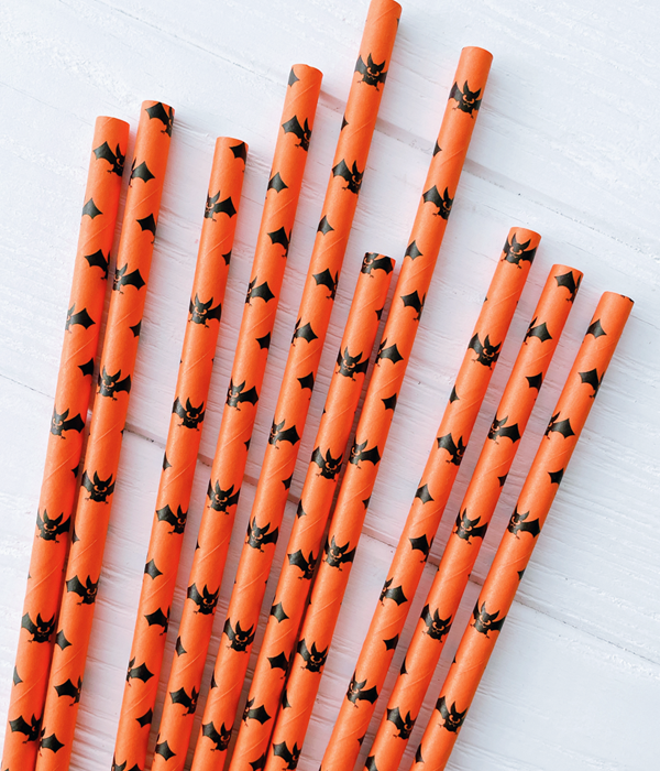 Паперові трубочки помаранчові з кажанами на Хеловін 10 шт (034502), Оранжевый