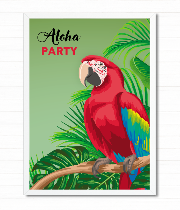 Постер для гавайской вечеринки с попугаем "Aloha Party" 2 размера (03444), Разноцветный, А4