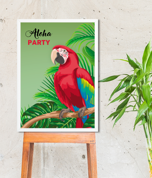 Постер для гавайської вечірки з папугою "Aloha Party" 2 розміри (03444), Різнокольоровий, А4