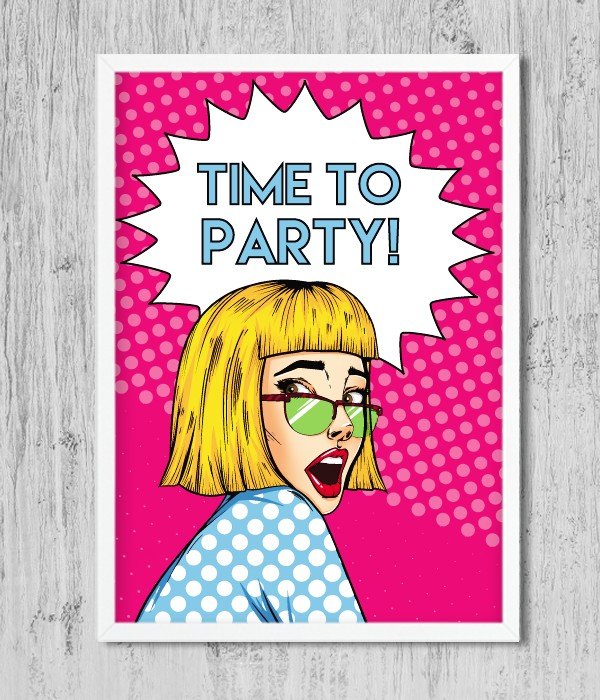 Постер в стилі поп-арт для вечірки "Time to Party!" 2 розміри без рамки (02869), Різнокольоровий, А4