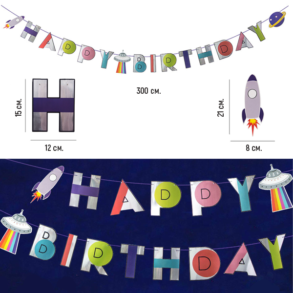 Паперова гірлянда "Happy Birthday" у стилі космос (01298), Різнокольоровий