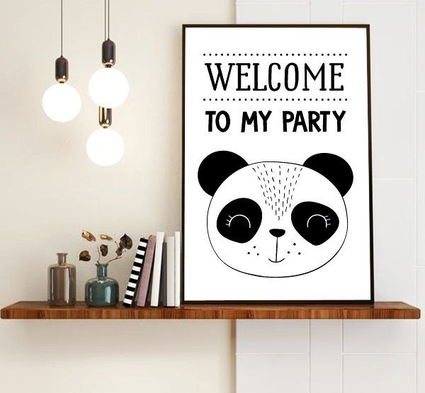 Постер з пандою "WELCOME TO MY PARTY" 2 розміри без рамки (50-68), Черный / Белый, А4