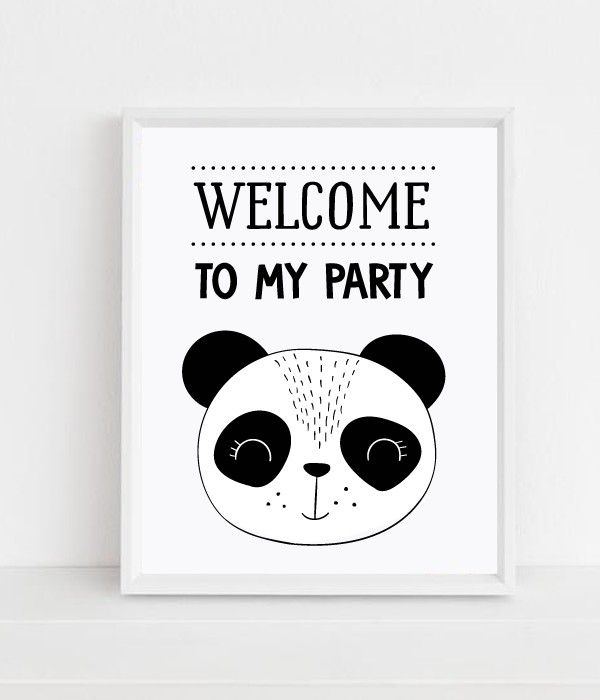 Постер с пандой "WELCOME TO MY PARTY" 2 размера без рамки (50-68), Черный / Белый, А4