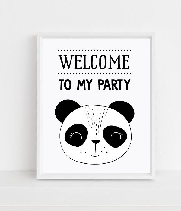 Постер з пандою "WELCOME TO MY PARTY" 2 розміри без рамки (50-68), Черный / Белый, А4