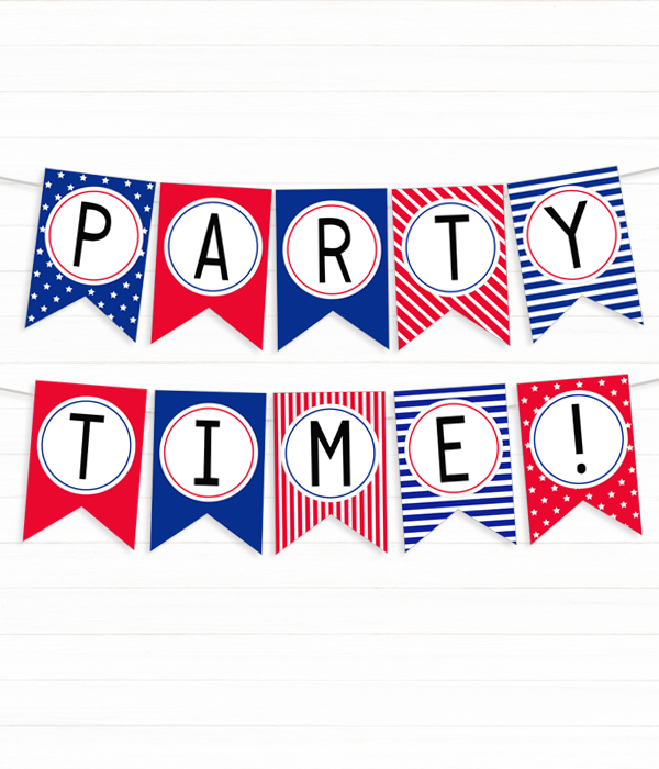 Гірлянда з прапорців "PARTY TIME!" 10 прапорців, Белый + красный + синий