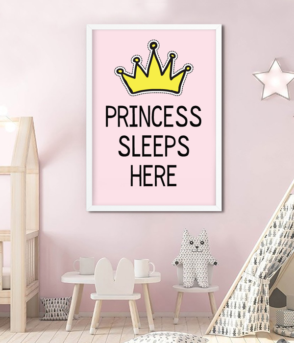 Постер для детской комнаты "Princess sleeps here" без рамки (2 размера), Разноцветный, А4