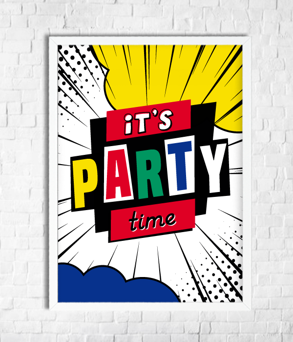 Постер для свята супергероїв "It's party time" 2 розміри (без рамки), Різнокольоровий, А4