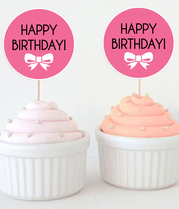 Топпери для капкейків "Happy Birthday" рожеві з бантиками (10 шт.), Рожевий