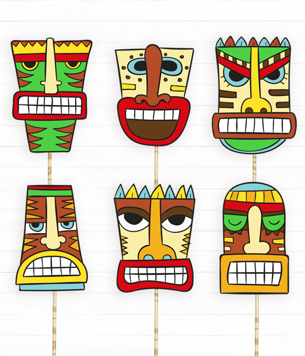 Набір фотобутафорії для гавайської вечірки "Tiki Masks" (6 шт.), Різнокольоровий