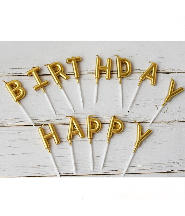 Cвічки для торта золоті літери "Happy Birthday" (CANDLES-1)