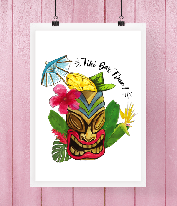 Постер для гавайської вечірки "Tiki Bar Time!" 2 розміри (03462), Різнокольоровий, А4