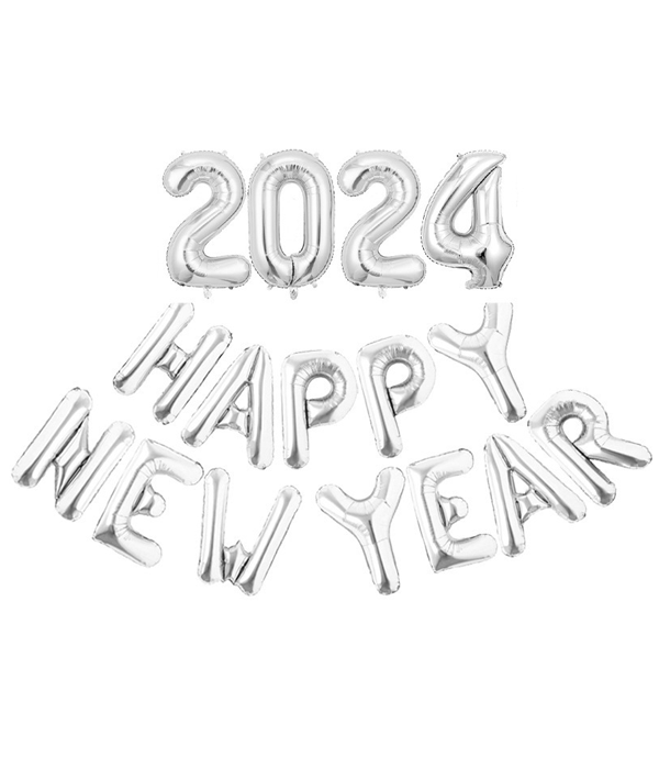 Новорічні повітряні кулі – літери срібні 2024 Happy New Year 40 см (NY70079), Сріблястий
