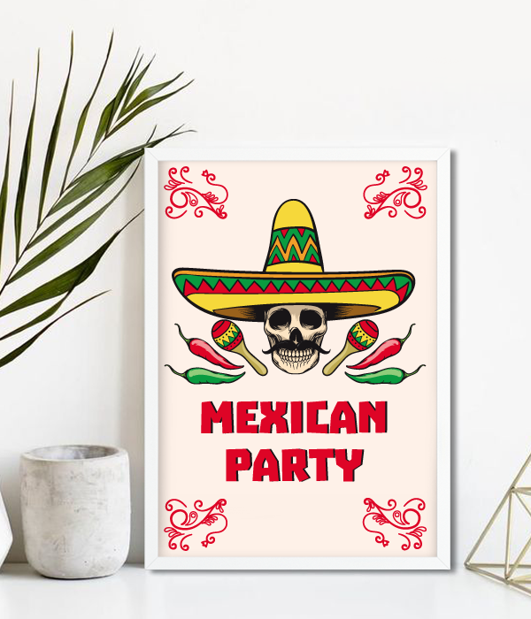 Постер для мексиканской вечеринки "Mexican Party" 2 размера без рамки (03985), Разноцветный, А4