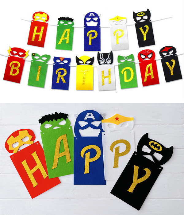 Гірлянда із фетру для свята супергероїв "Happy Birthday" (02187), Різнокольоровий