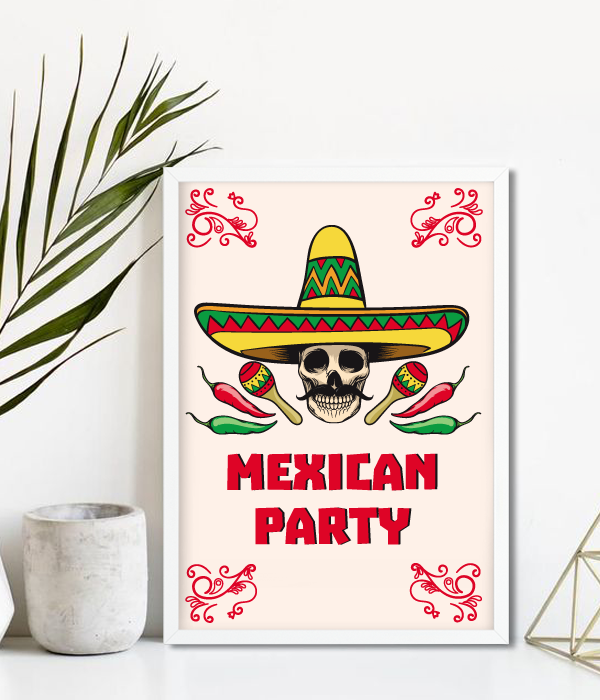 Постер для мексиканської вечірки "Mexican Party" 2 розміри без рамки (03985), Різнокольоровий, А4