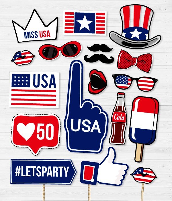 Набір фотобутафорії "Американская вечеринка" 18 шт (40-18), Красный + синий + белый