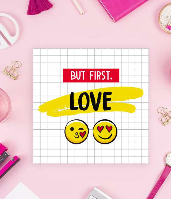 Открытка на день влюбленных "BUT FIRST, LOVE" 14х14 см (04093)