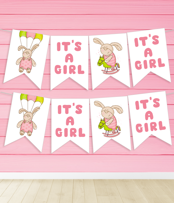 Паперова гірлянда на бейбі шауєр Baby Shower 8 прапорців (для дівчинки), Рожевий